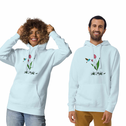 Two outdoorsy wearing light blue hoodies with floral and hummingbird frontal design on a white background