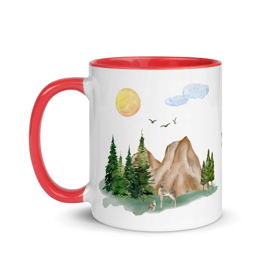 white and red Ceramic Mug 11oz featuring a nature scene with trees, mountains, and a deer in a white background
