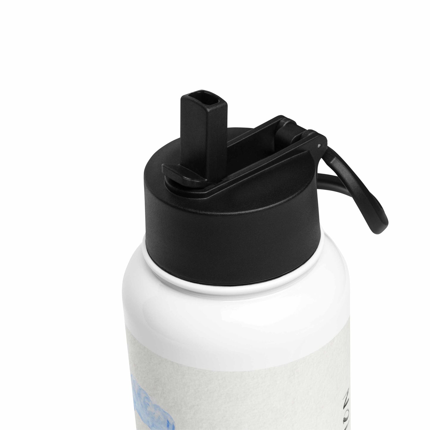 White water bottle with black cap on a white background