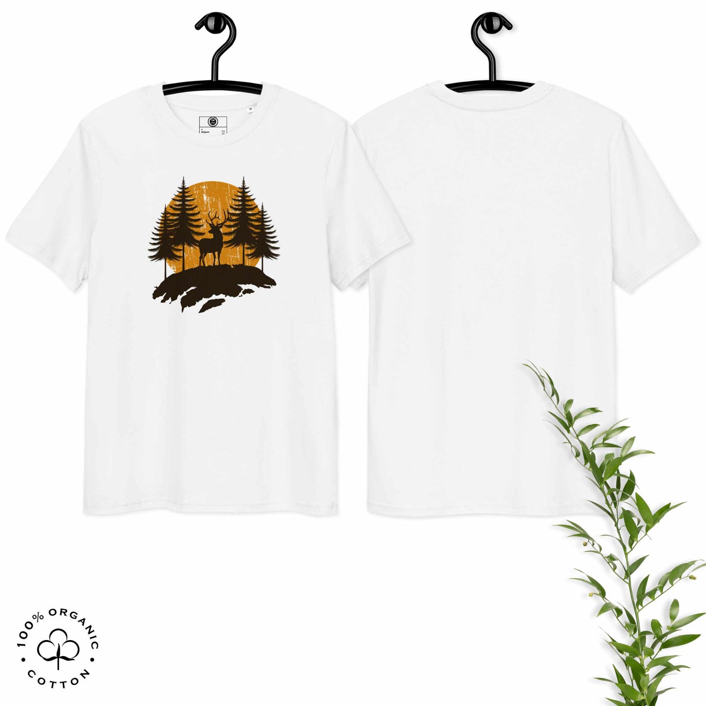 White organic cotton t-shirts with a nature-themed design featuring forest and deer on a hanger against a white background