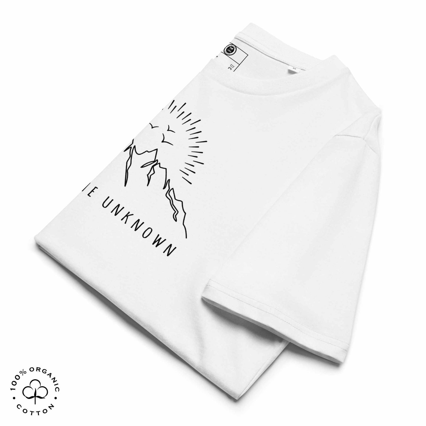 Whiteorganic cotton t-shirt with mountain, sun and birds graphic and 'Explore the Unknown' text on a white background