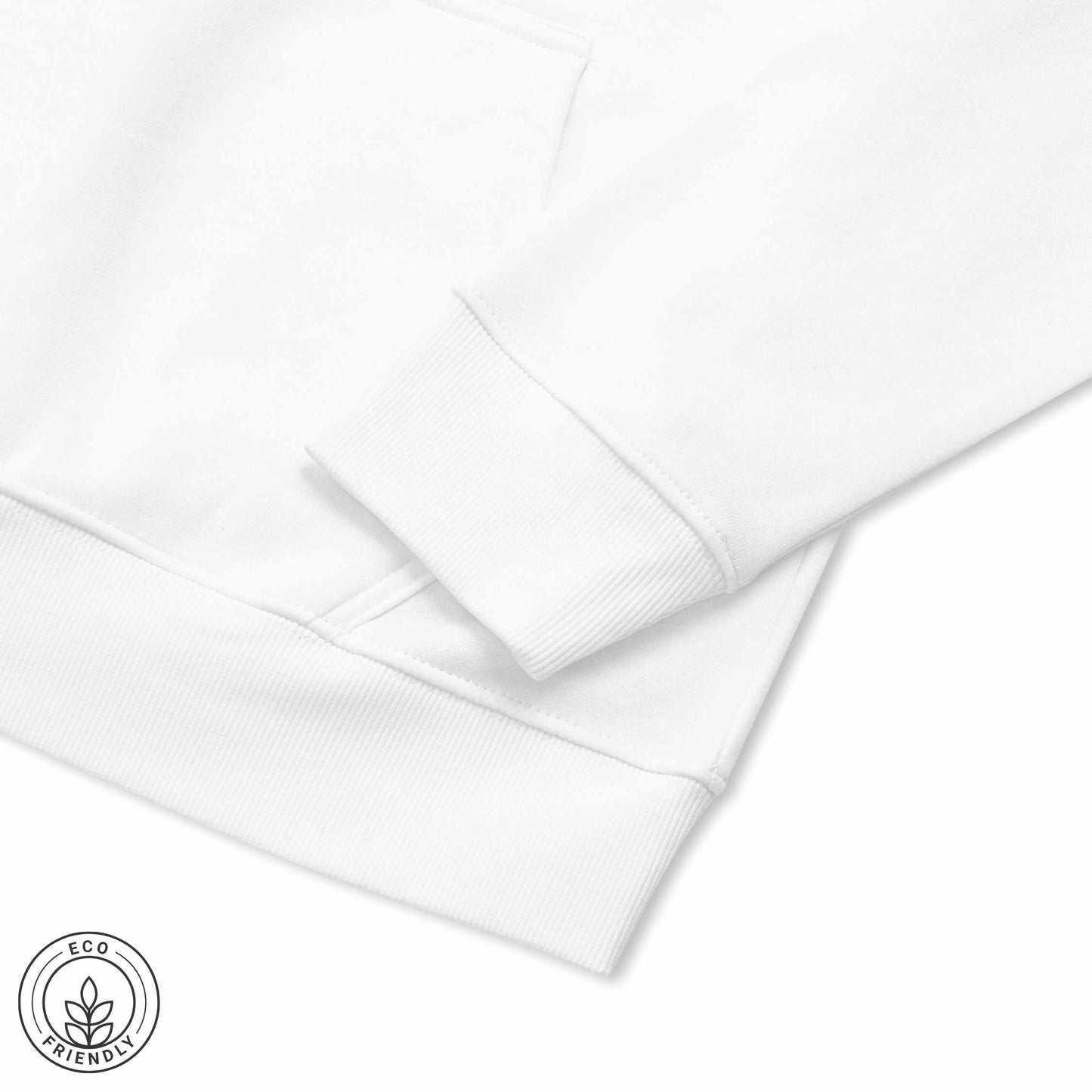 Close-up White hoodie with an eco-friendly logo on a white background