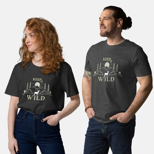 man and woman wearing dark grey organic t-shirt with 'Keep it Wild' bold and deer, mountain, forest graphic design