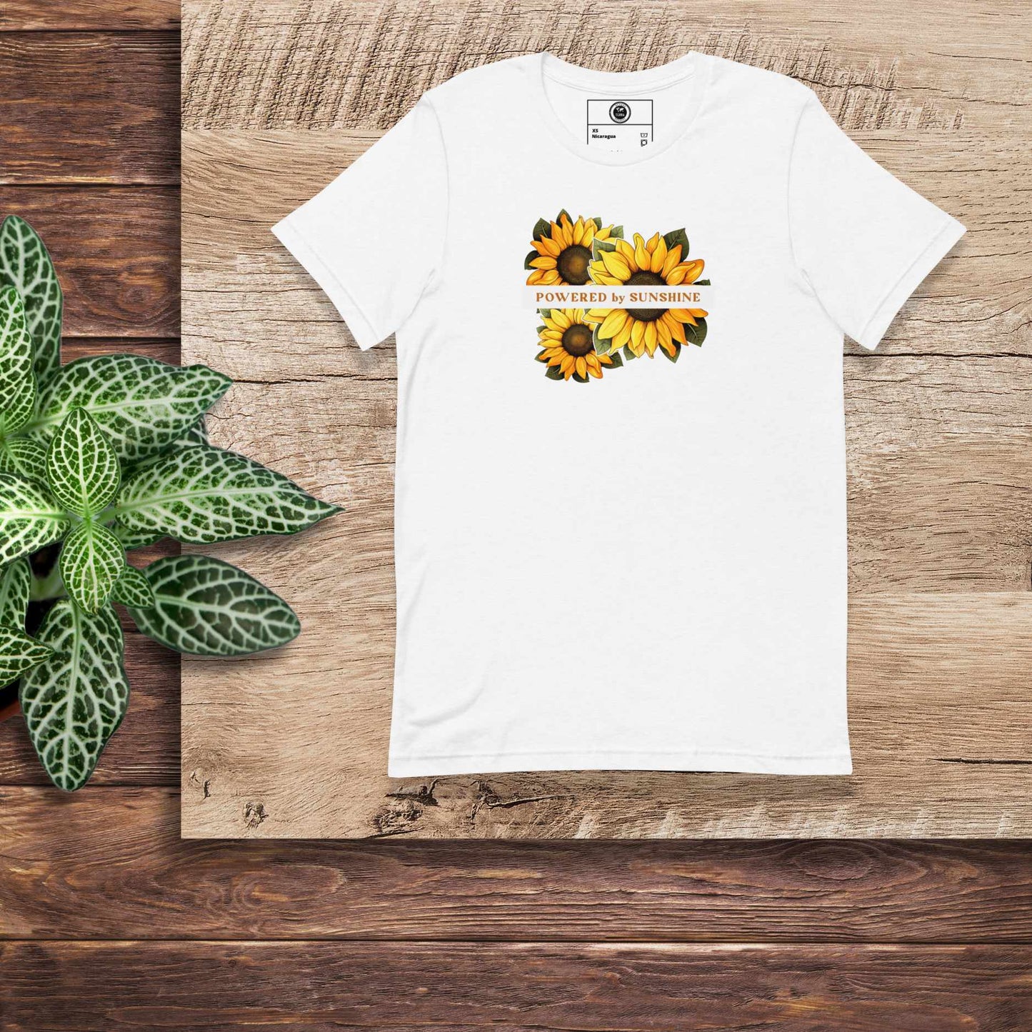 Woman Sunflower t-shirt. Slogan Powered by Sunshine.