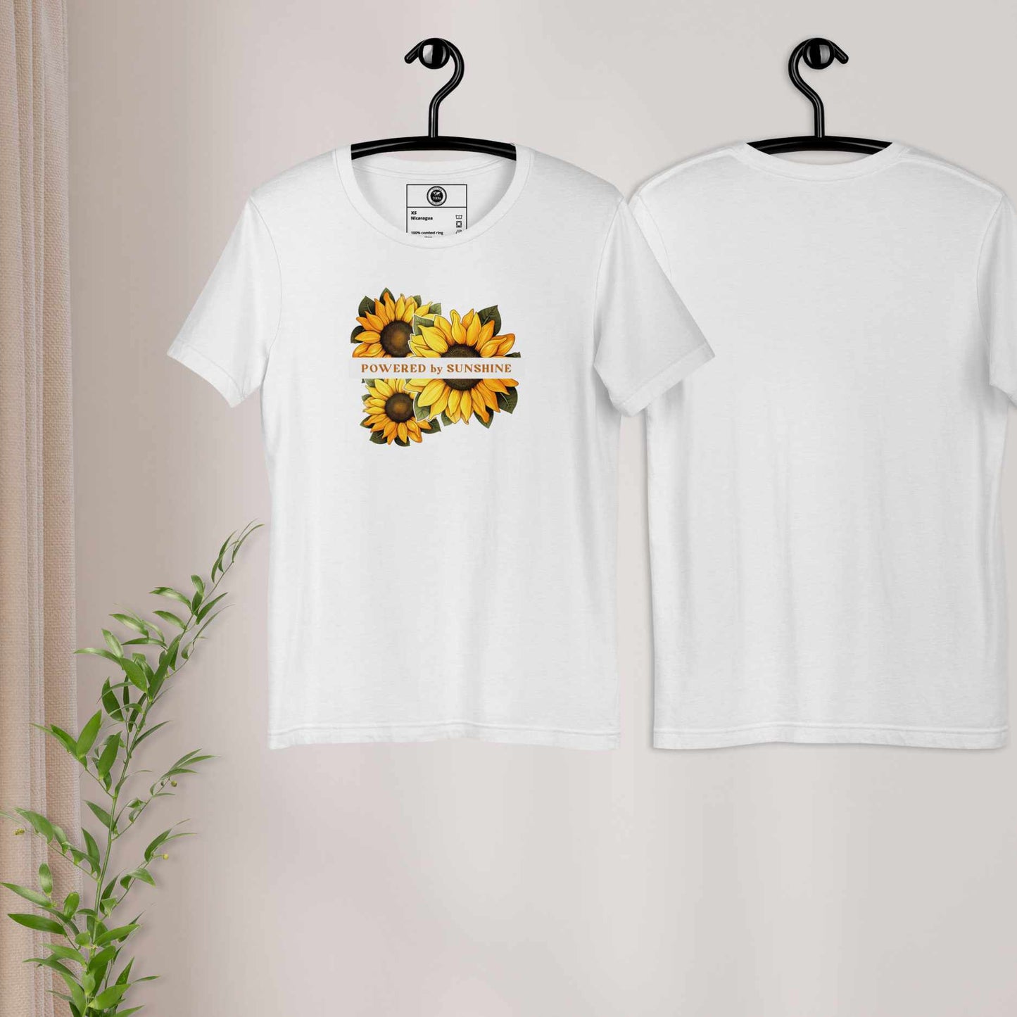Woman Sunflower t-shirt. Slogan Powered by Sunshine.