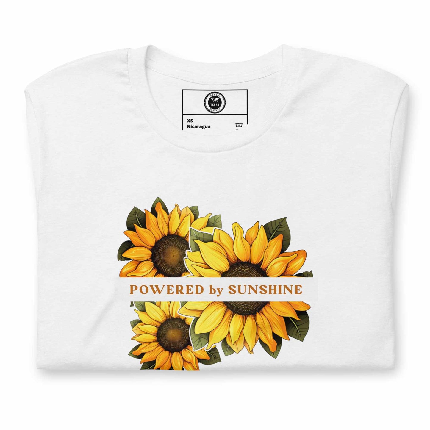 Woman Sunflower t-shirt. Slogan Powered by Sunshine.