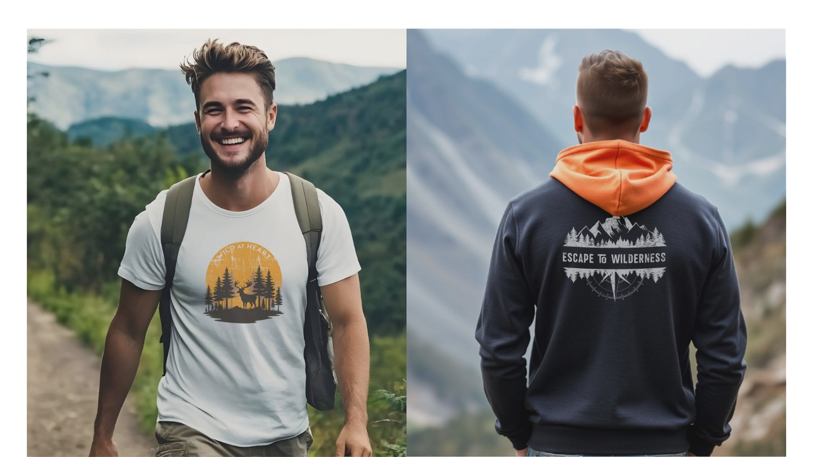 Men wearing t-shirt "Wild by heart" and men wearing hoodie "Escape to wilderness"