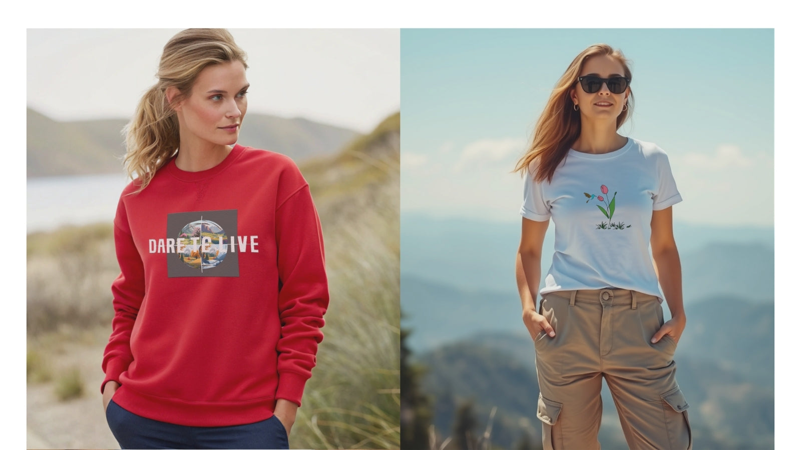 Two women outdoors, one wearing a red sweatshirt with "Dare to live" design and, the other wearing a white t-shirt with a flower and bird design.