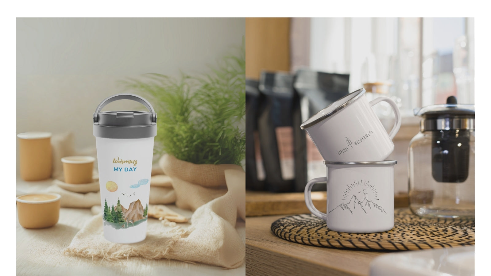 Two mugs with mountain designs with slogan "explore wilderness" and a travel mug with deer and mountains.