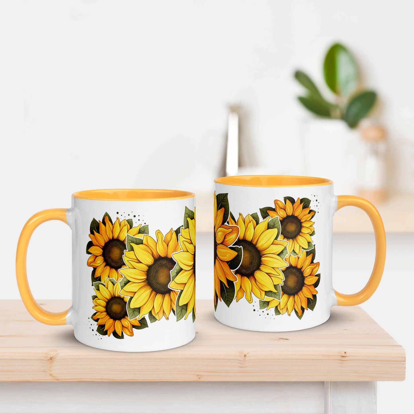 White and yellow ceramic mug 11 oz with sunflower design on a wooden surface