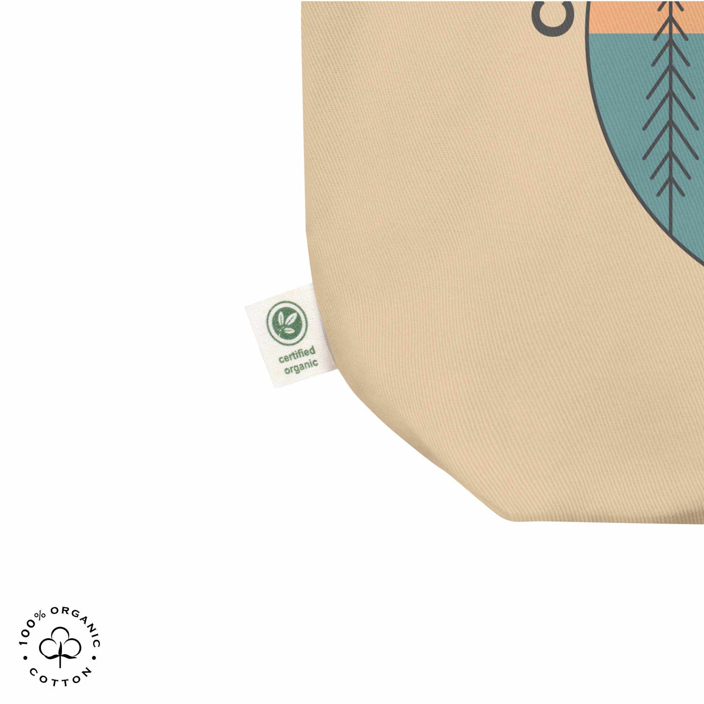 Close-up oyster organic cotton medium tote bag with nature-themed design featuring sun and trees and 'Connect with Your Inner Nature' text on a white background.