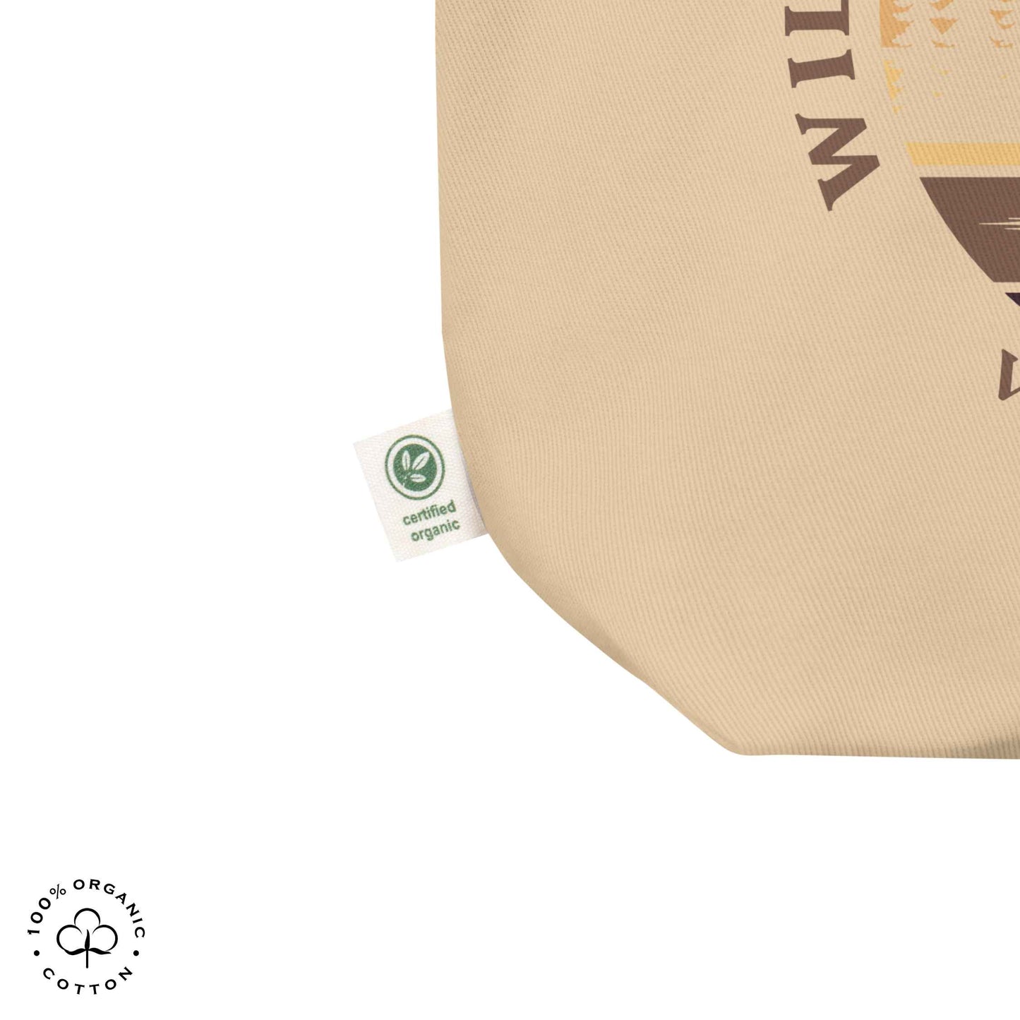 Close-up oyster organic cotton medium tote bag with nature-themed design: forest, trees, sun, lake. 'Wilderness is a Way Home, Where I belong' text.