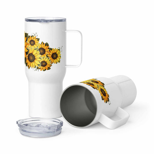 White insulated travel mug 25 oz with sunflower design on a white background