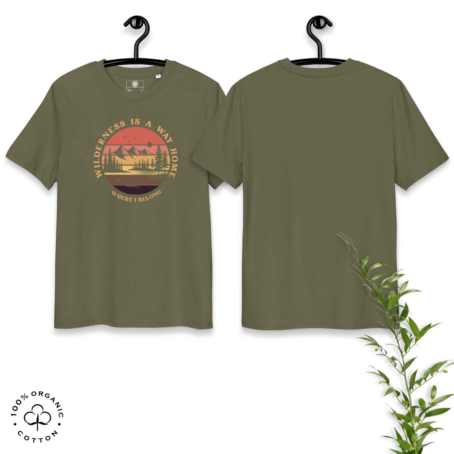 Eco-friendly t-shirt in organic cotton, khaki, with graphic featuring a nature theme: mountains, trees, sun and the bold phrase “wild nature is the way home, where I belong”.