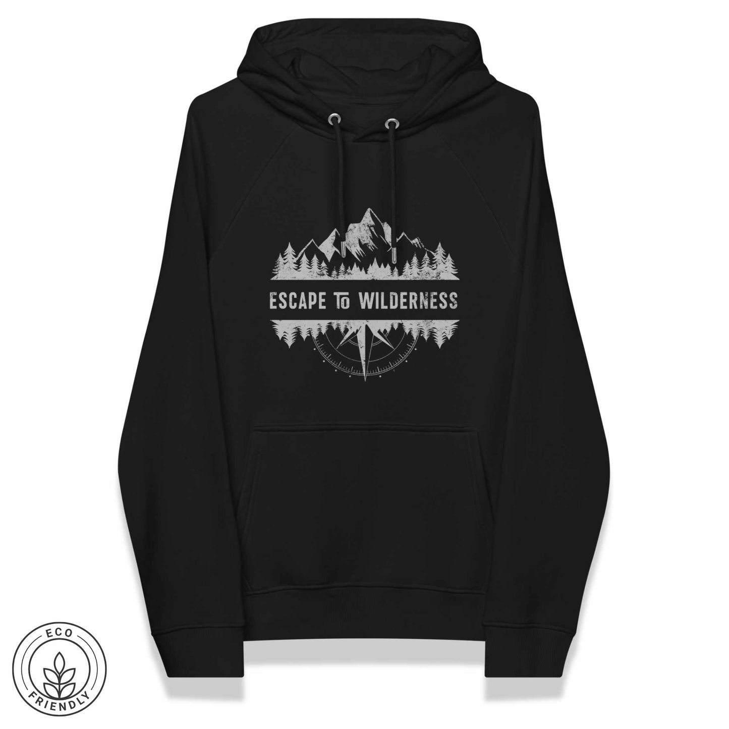 Black eco hoodie with forest, mountain and compass design and 'Escape to Wilderness' graphic text on a white background