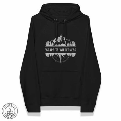 Black eco hoodie with forest, mountain and compass design and 'Escape to Wilderness' graphic text on a white background