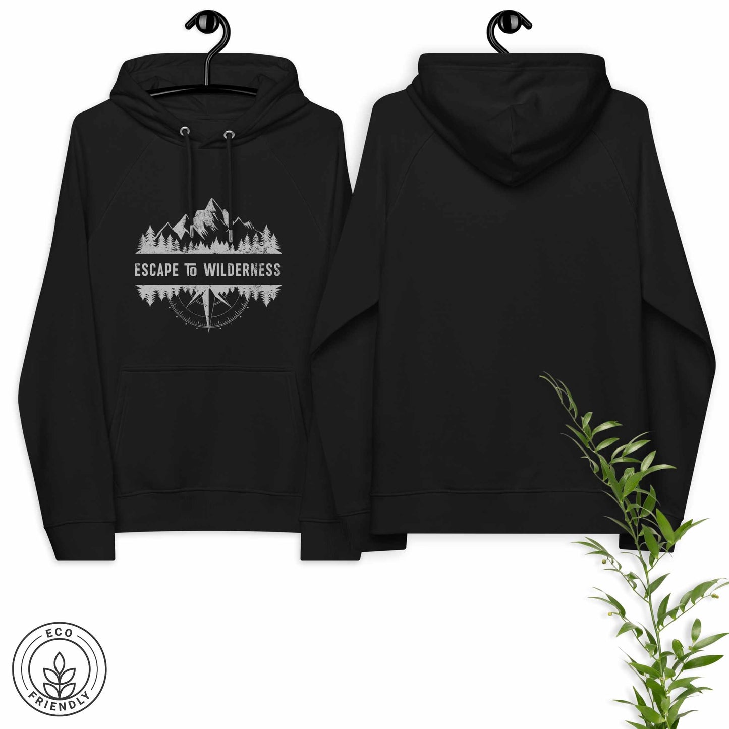 Black eco hoodie featuring forest, mountain and compass design, and 'Escape to Wilderness' graphic text hanged  on a white background