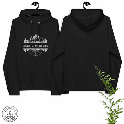 Black eco hoodie featuring forest, mountain and compass design, and 'Escape to Wilderness' graphic text hanged  on a white background