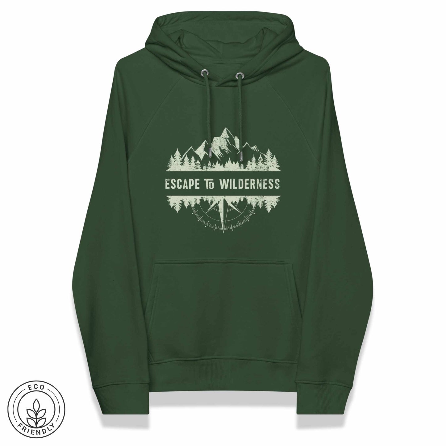 Green eco-friendly hoodie featuring forest, mountain and compass design and  'Escape to Wilderness' graphic text on a white background