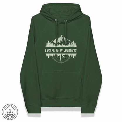 Green eco-friendly hoodie featuring forest, mountain and compass design and  'Escape to Wilderness' graphic text on a white background