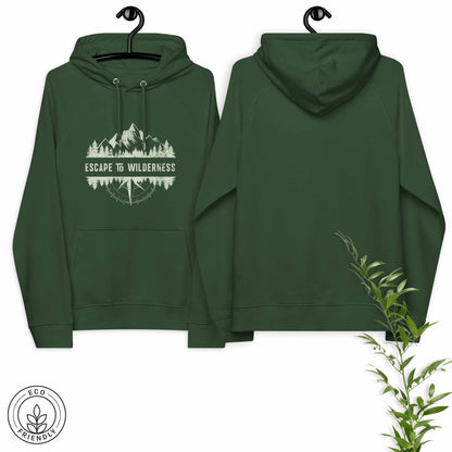 Green eco-friendly hoodie featuring forest, mountain and compass design and  'Escape to Wilderness' graphic text on a white background