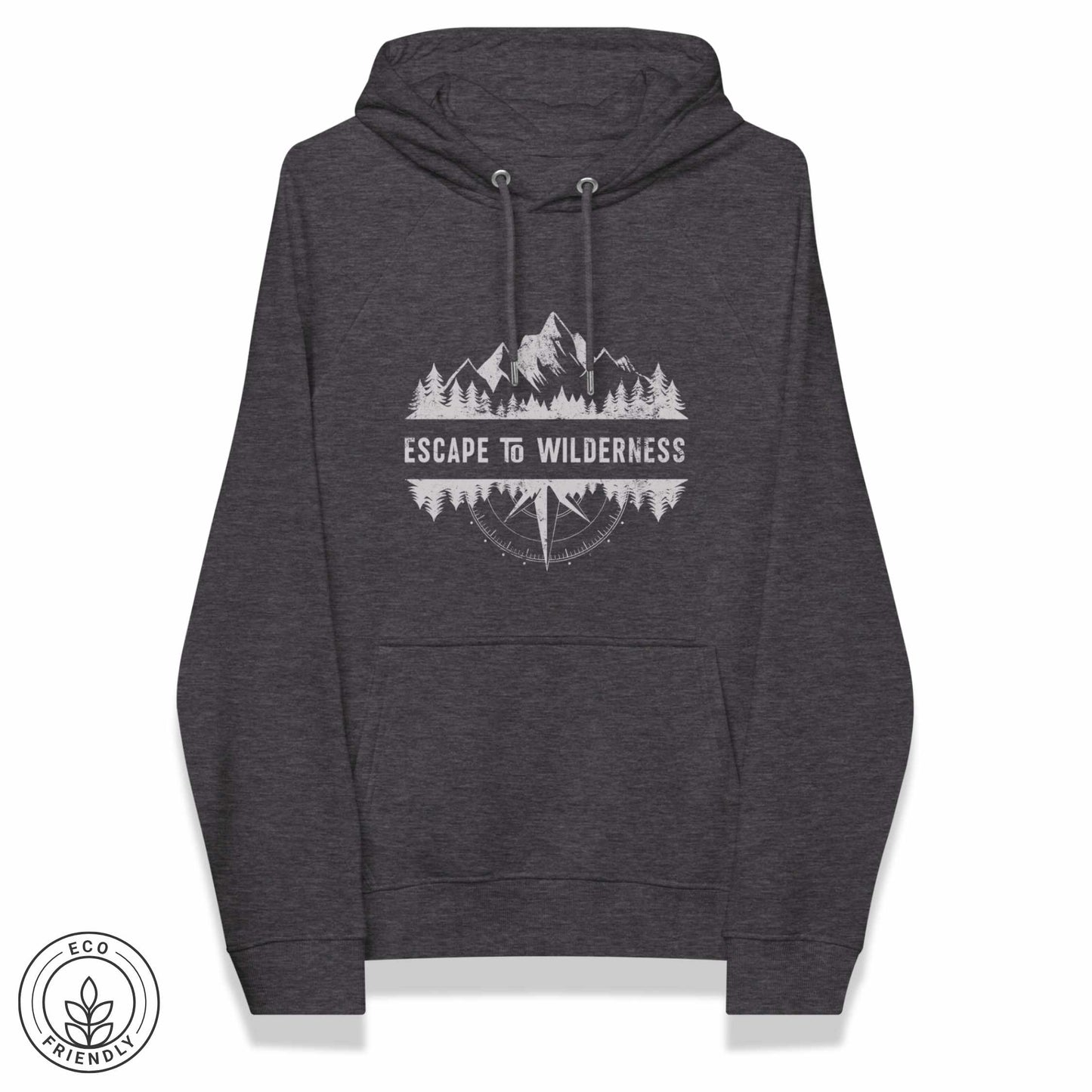 Dark gray eco hoodie with forest, mountain and compass design and 'Escape to Wilderness' text graphic on a white background