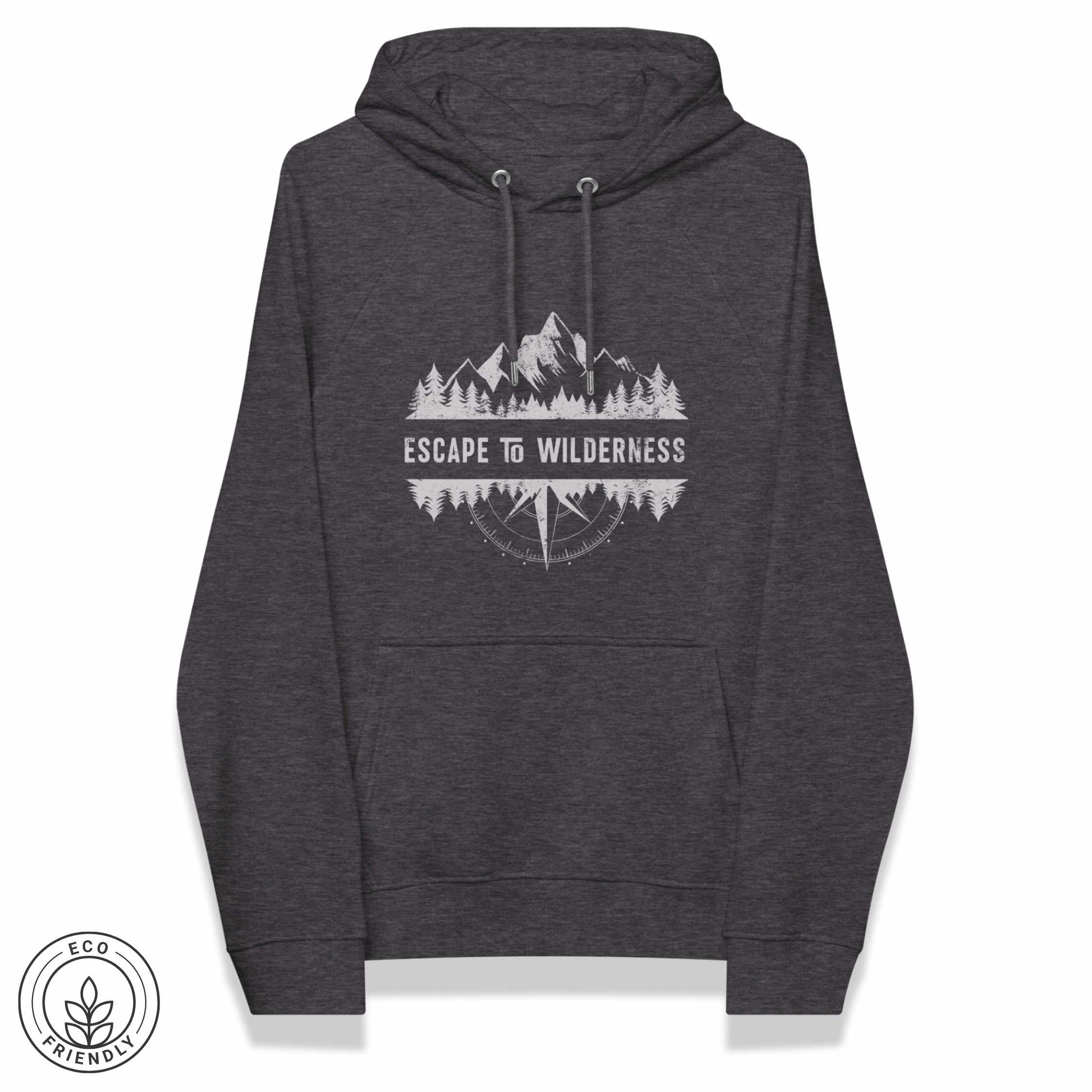 Dark gray eco hoodie with forest, mountain and compass design and 'Escape to Wilderness' text graphic on a white background