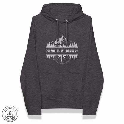 Dark gray eco hoodie with forest, mountain and compass design and 'Escape to Wilderness' text graphic on a white background