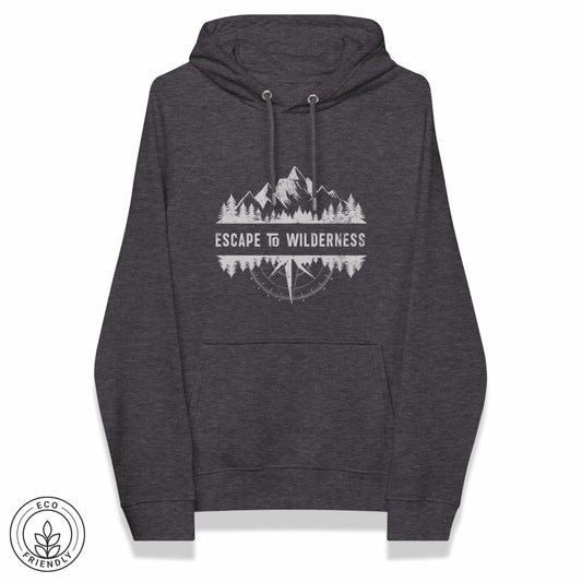 Dark gray eco hoodie with forest, mountain and compass design and 'Escape to Wilderness' text graphic on a white background