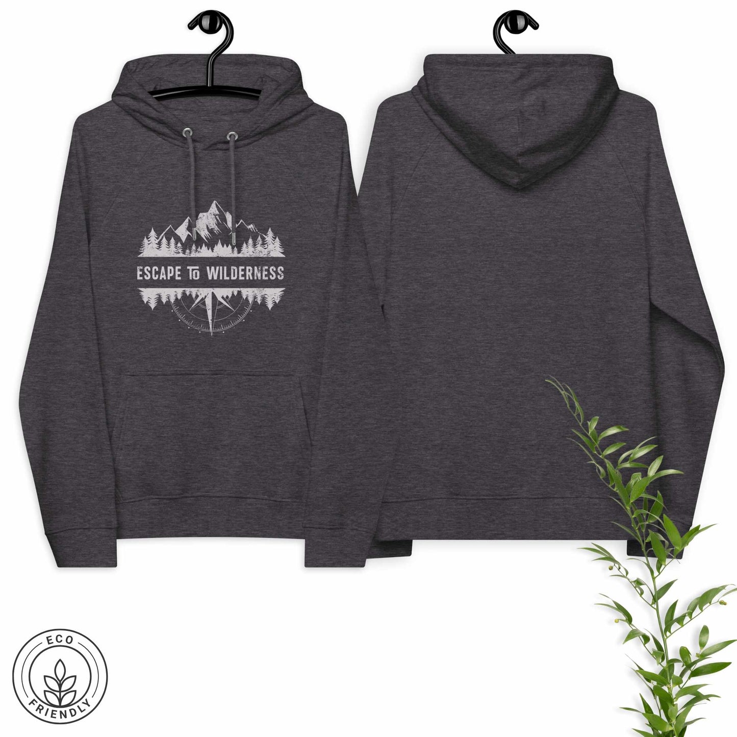 Dark gray eco hoodie, front and back,  with forest, mountain and compass design and 'Escape to Wilderness' text graphic hanged on a white background