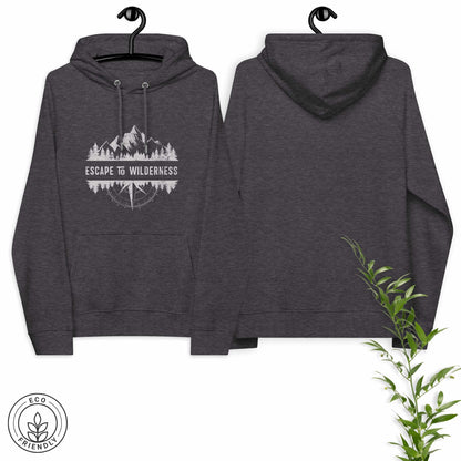 Dark gray eco hoodie, front and back,  with forest, mountain and compass design and 'Escape to Wilderness' text graphic hanged on a white background