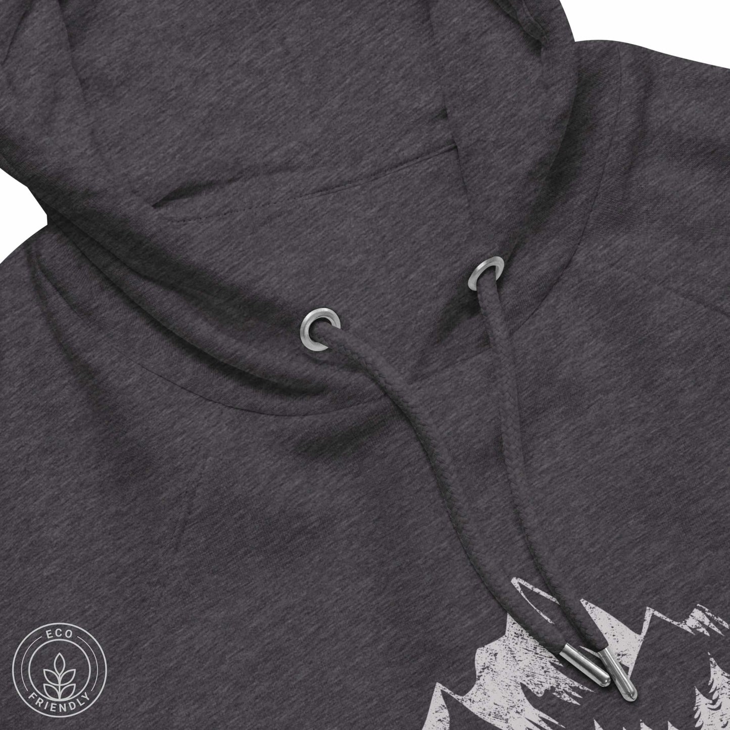 Close-up Dark gray eco hoodie with mountain design and 'escape to wilderness' graphic text on a white background