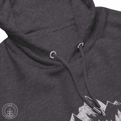 Close-up Dark gray eco hoodie with mountain design and 'escape to wilderness' graphic text on a white background
