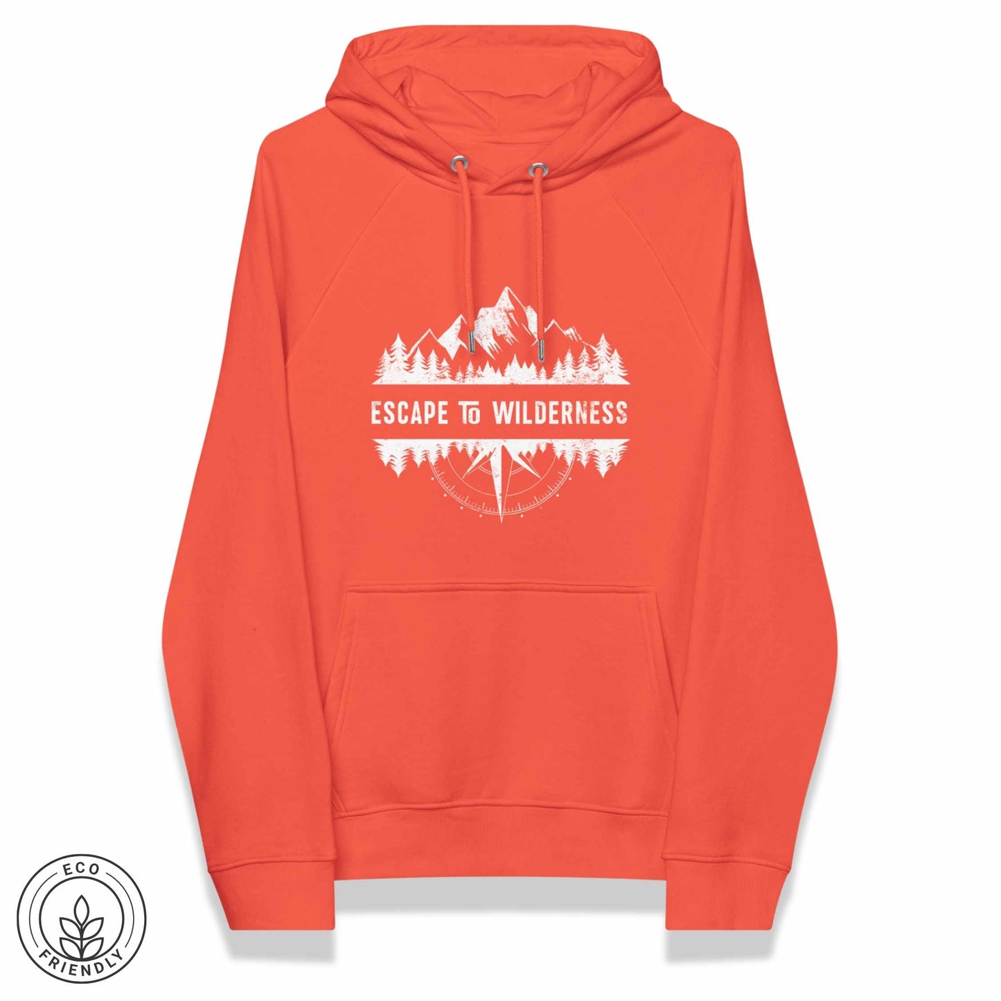 Orange eco-friendly hoodie featuring forest, mountain and compass design and  'Escape to Wilderness' graphic text on a white background