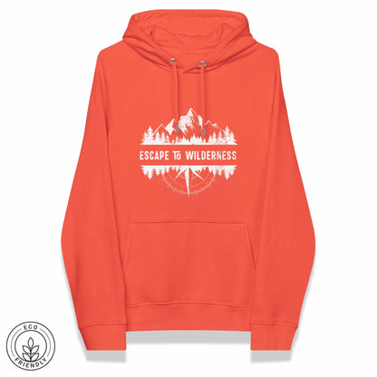 Orange eco-friendly hoodie featuring forest, mountain and compass design and  'Escape to Wilderness' graphic text on a white background