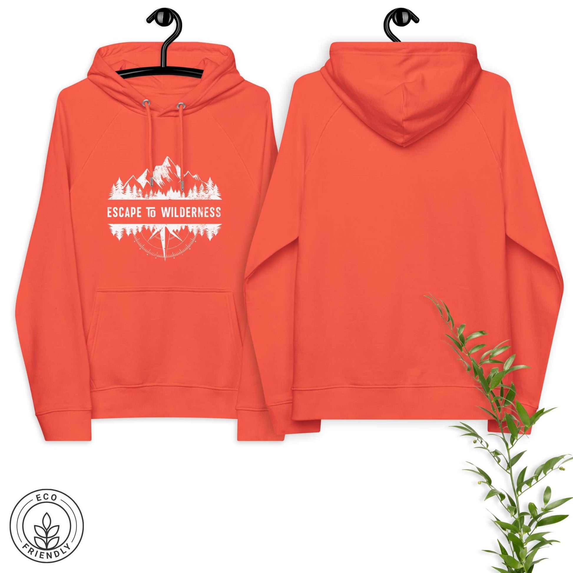 Orange eco-friendly hoodie featuring forest, mountain and compass design and  'Escape to Wilderness' graphic text on a hanger against a white background