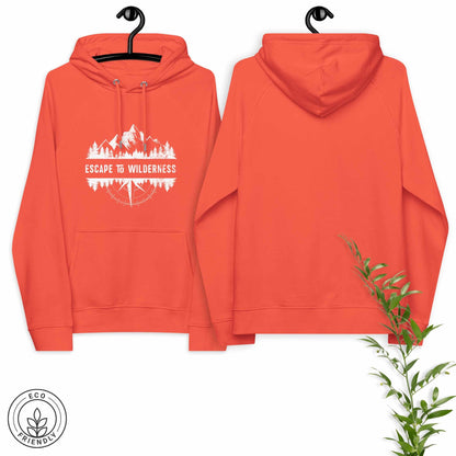 Orange eco-friendly hoodie featuring forest, mountain and compass design and  'Escape to Wilderness' graphic text on a hanger against a white background
