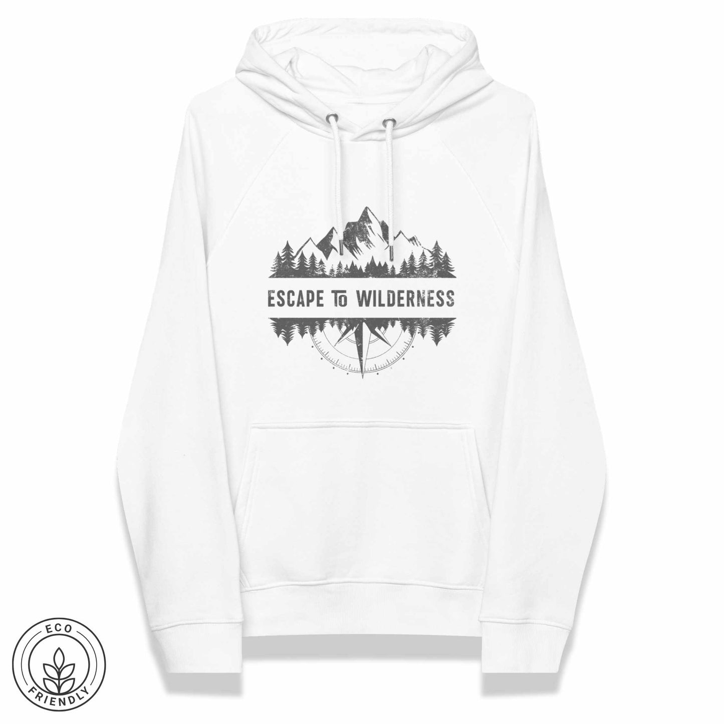 White eco-friendly hoodie featuring forest, mountain and compass design and  'Escape to Wilderness' graphic text on a white background