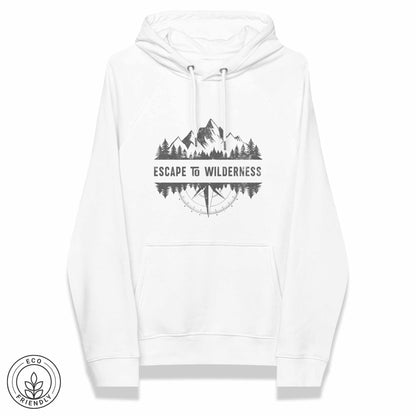White eco-friendly hoodie featuring forest, mountain and compass design and  'Escape to Wilderness' graphic text on a white background