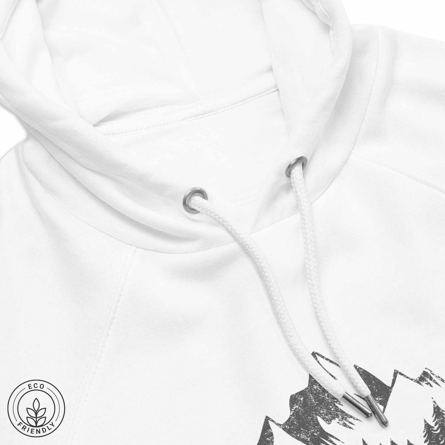 close-up of a white eco-friendly hoodie featuring forest, mountain and compass design and  'Escape to Wilderness' graphic text on a white background