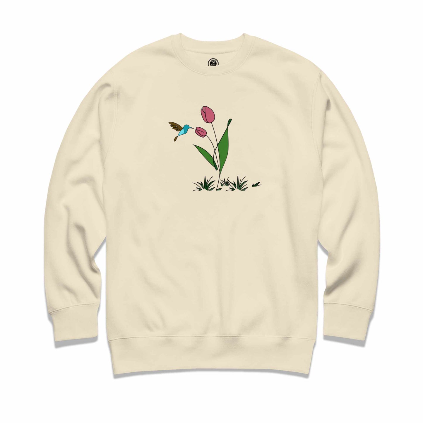 Bone sweatshirt with a floral design featuring tulips and hummingbird against a white background