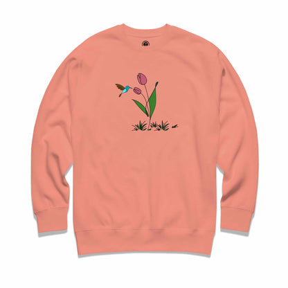 Rose sweatshirt with a floral design featuring tulip and hummingbird against a white background