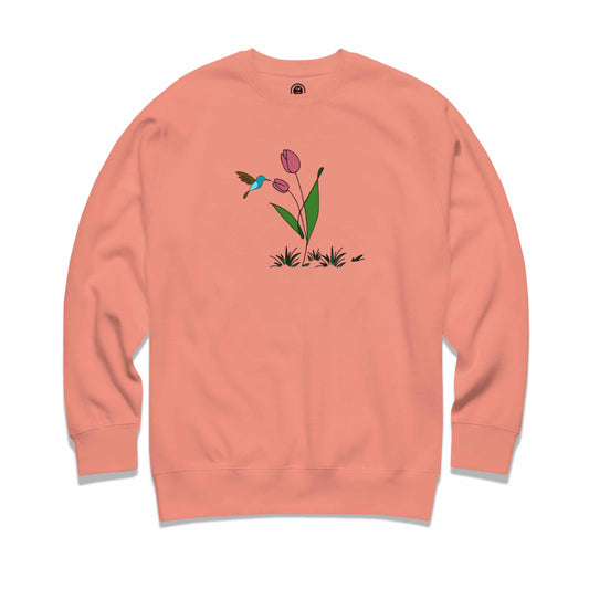 Rose sweatshirt with a floral design featuring tulip and hummingbird against a white background