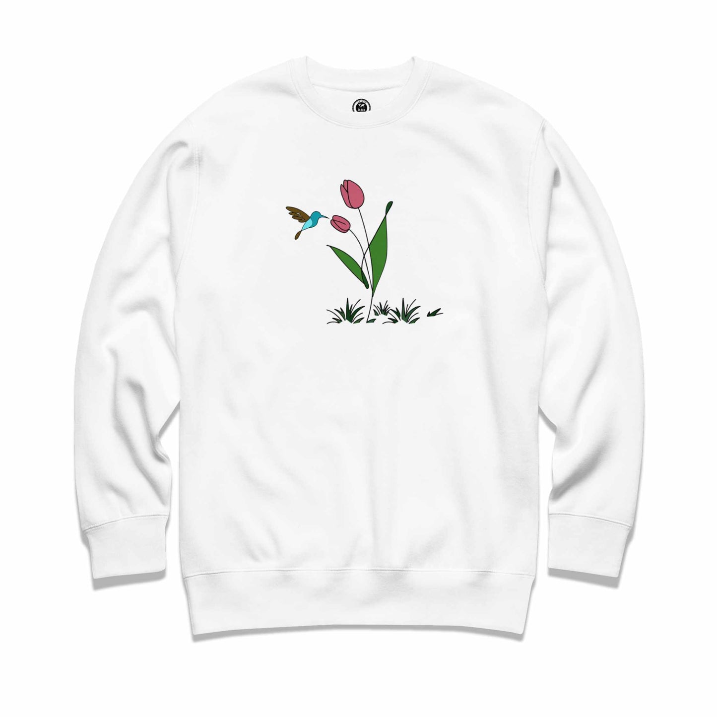 White sweatshirt with a floral design featuring tulips and a hummingbird on a white background