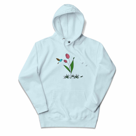 Light blue  unisex hoodie with floral design and hummingbird on a white background