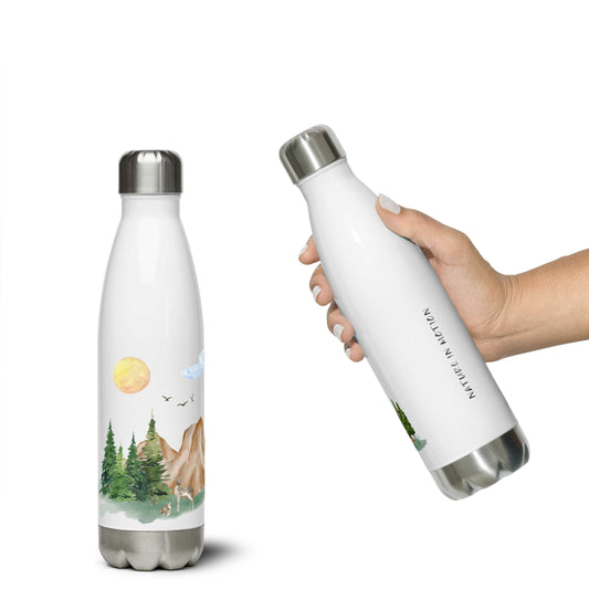 Stainless steel water bottles 17 oz (500 ml), insulated, with nature-themed designs, forest, mountain, rocks and animals, on a white background