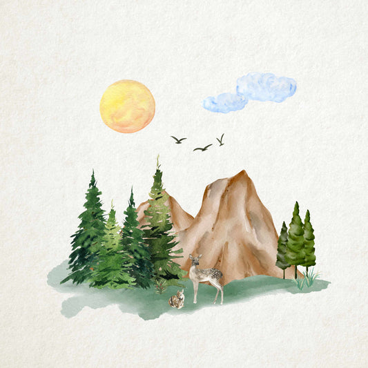 Illustration of a forest scene with trees, mountain, rocks, and animals on a light background