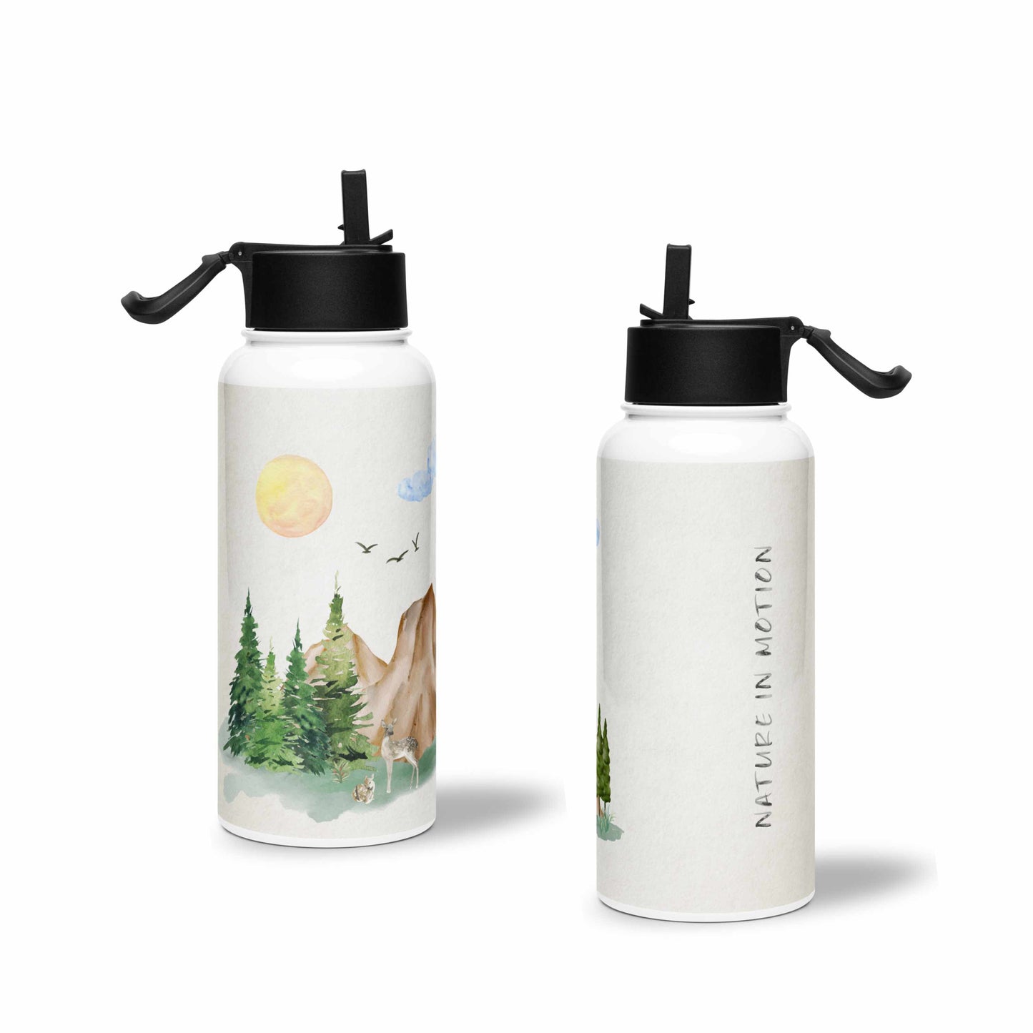 White water bootle 32 oz with nature-themed illustration of a forest scene with trees, mountain, rocks, and animals on a light background 