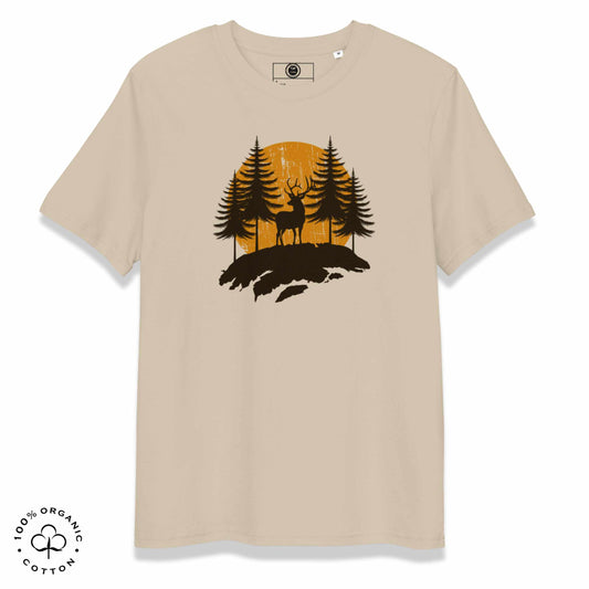 Dust organic cotton t-shirts with a nature-themed design featuring forest and deer on a white background