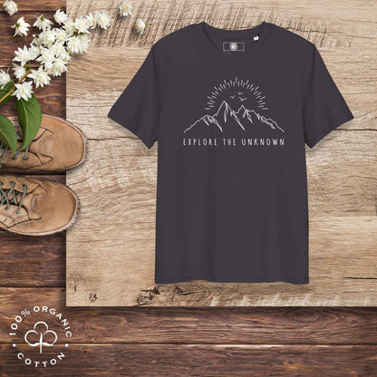 Eco-friendly -shirt with  with mountain design and 'Explore the Unknown' text.